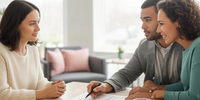 Financial counselor reviewing a household planning worksheet with a couple at a bright Highland Indiana office table