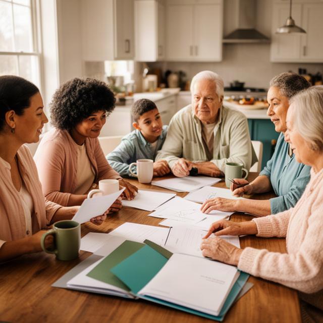 Multigenerational family reviewing financial papers together at a kitchen table in Highland, Indiana