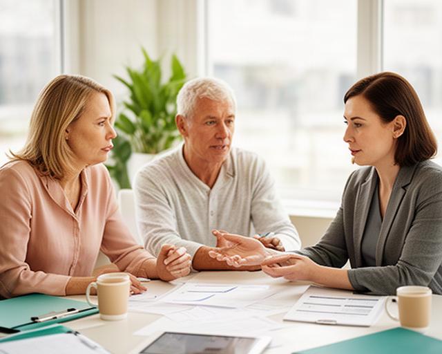 Couple reviewing financial documents with an adviser at a bright Highland Indiana office table