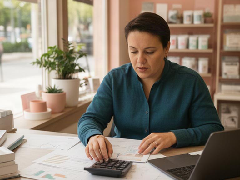Small-business owner reviewing cash flow figures at a desk in a Highland Indiana storefront office