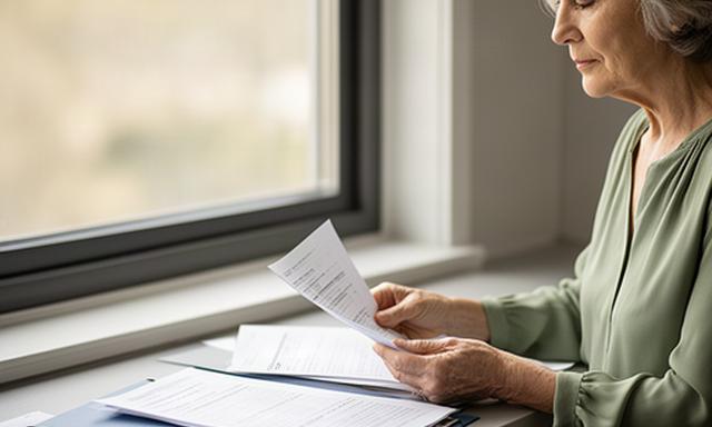 Widow reviewing survivor benefits and investment statements beside a window in a quiet office